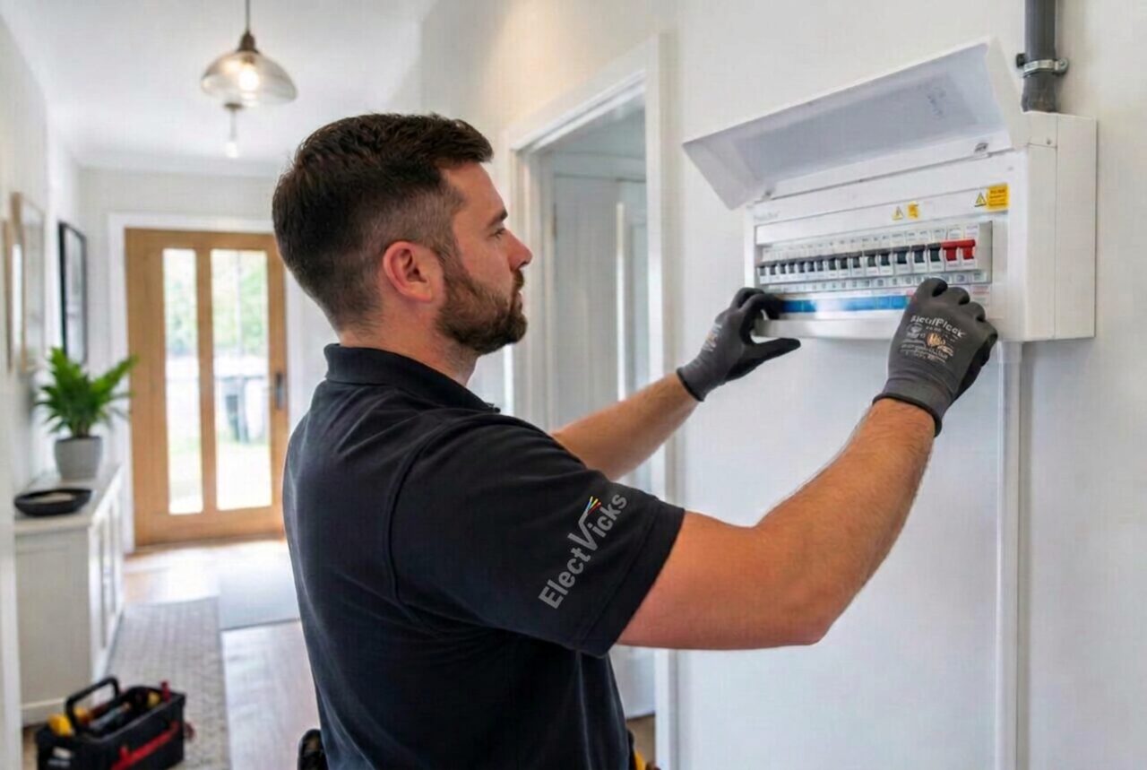 Electrician wearing an ElectVicks shirt fitting a consumer unit